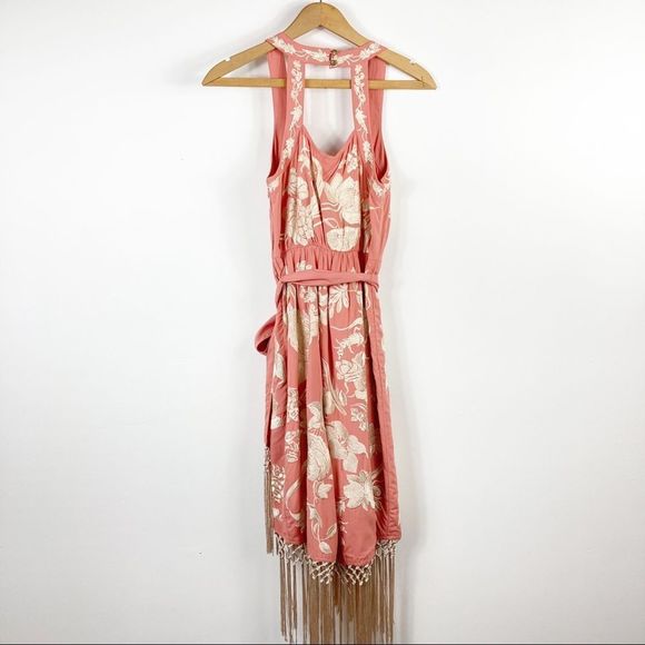 Anthropologie Pink Floral Embroidered Fringe Wrap Midi Dress Size 2P - Picture 3 of 16